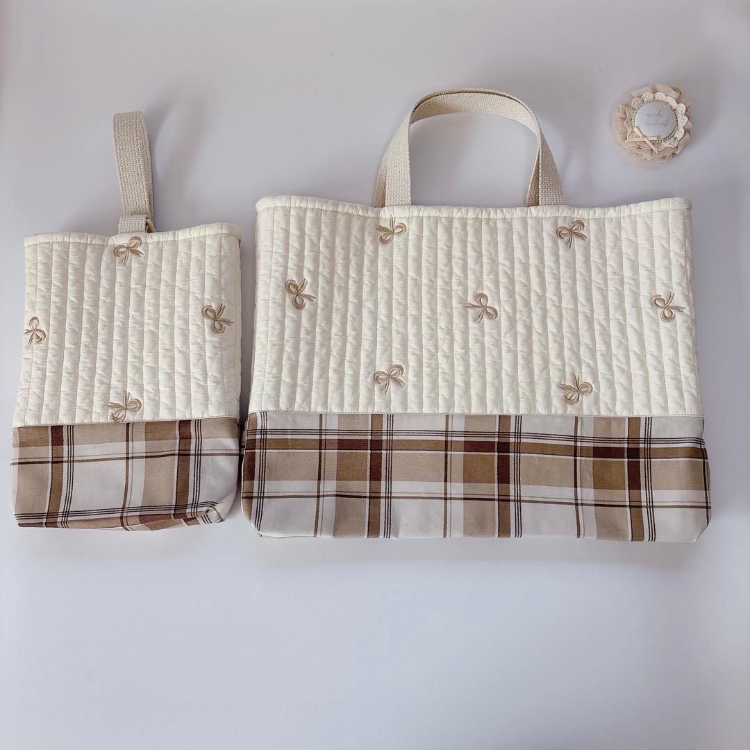 れな様　ヌビ　りぼん　刺繍生地　レッスンバッグ　上履き袋　体操着袋　入園入学
