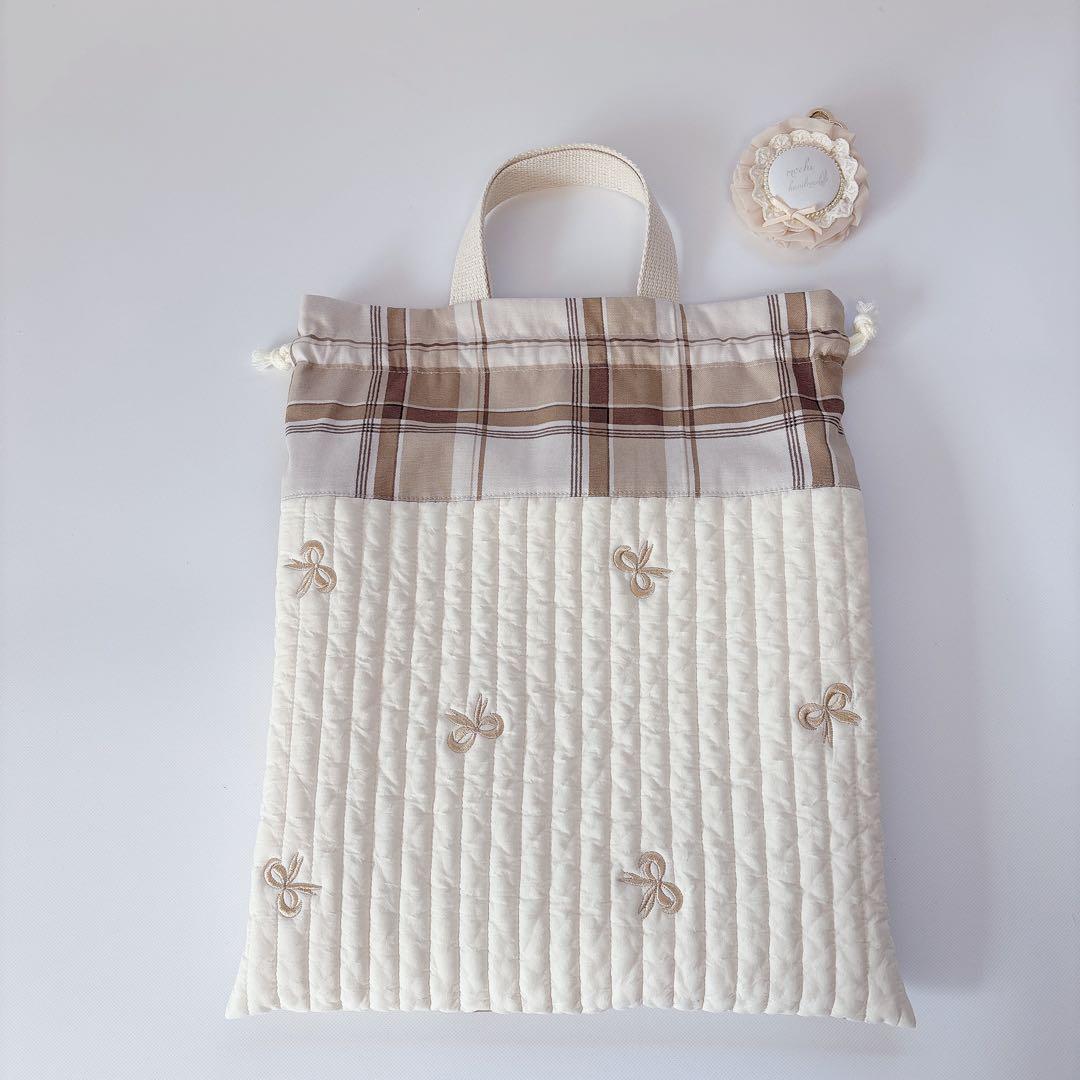 れな様　ヌビ　りぼん　刺繍生地　レッスンバッグ　上履き袋　体操着袋　入園入学