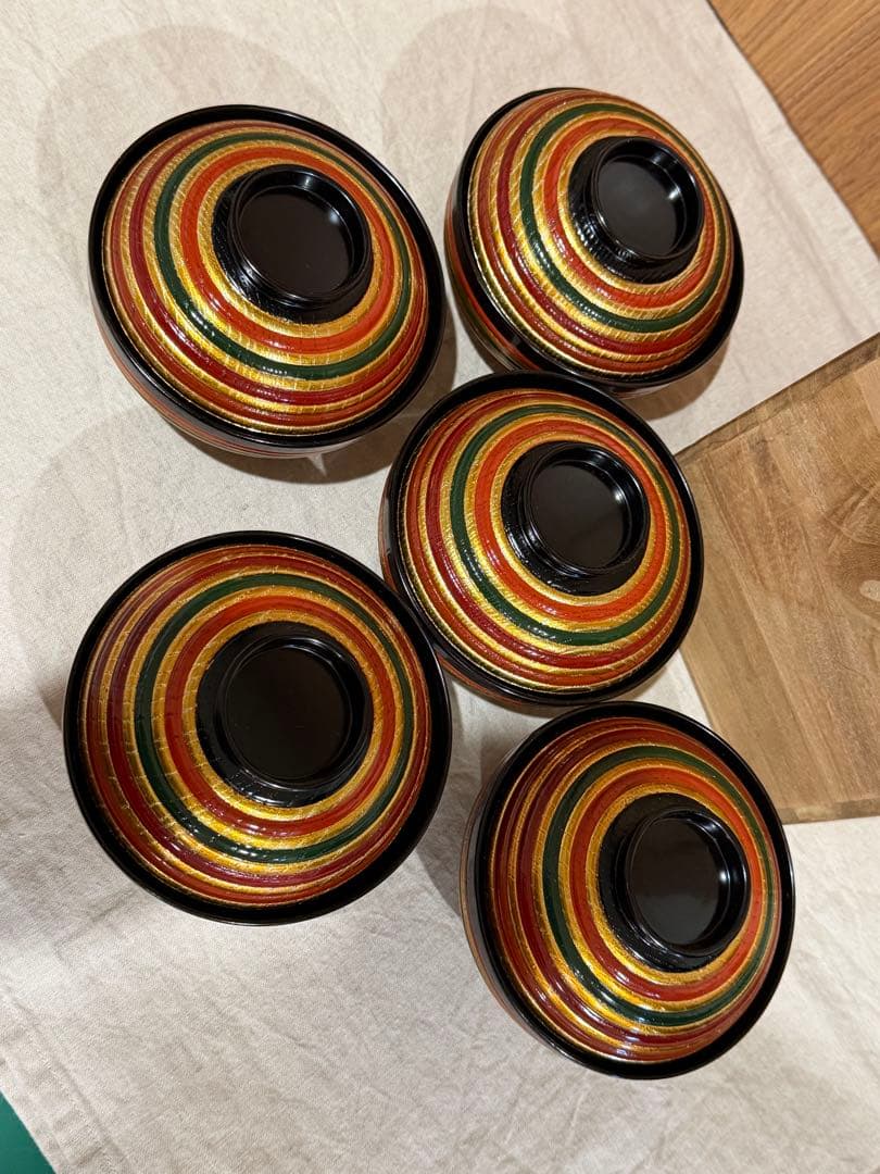 山田平安堂　平安堂造　漆器 木椀　独楽塗5個セット 木製箱付き