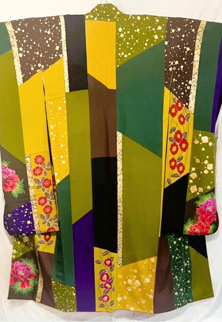 【美品】比嘉京子　振袖フルセット成人式6点セット金箔/紫/赤/緑/黒トールサイズ