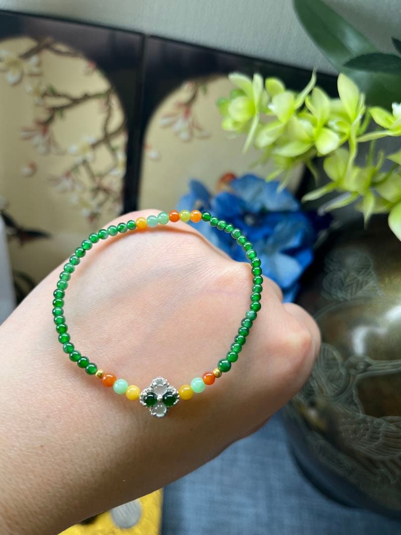 新入荷❣️貴重‼️18kビーズ入り、ロウカン質氷種満陽緑ビーズ&【幸運】四葉草ブレス