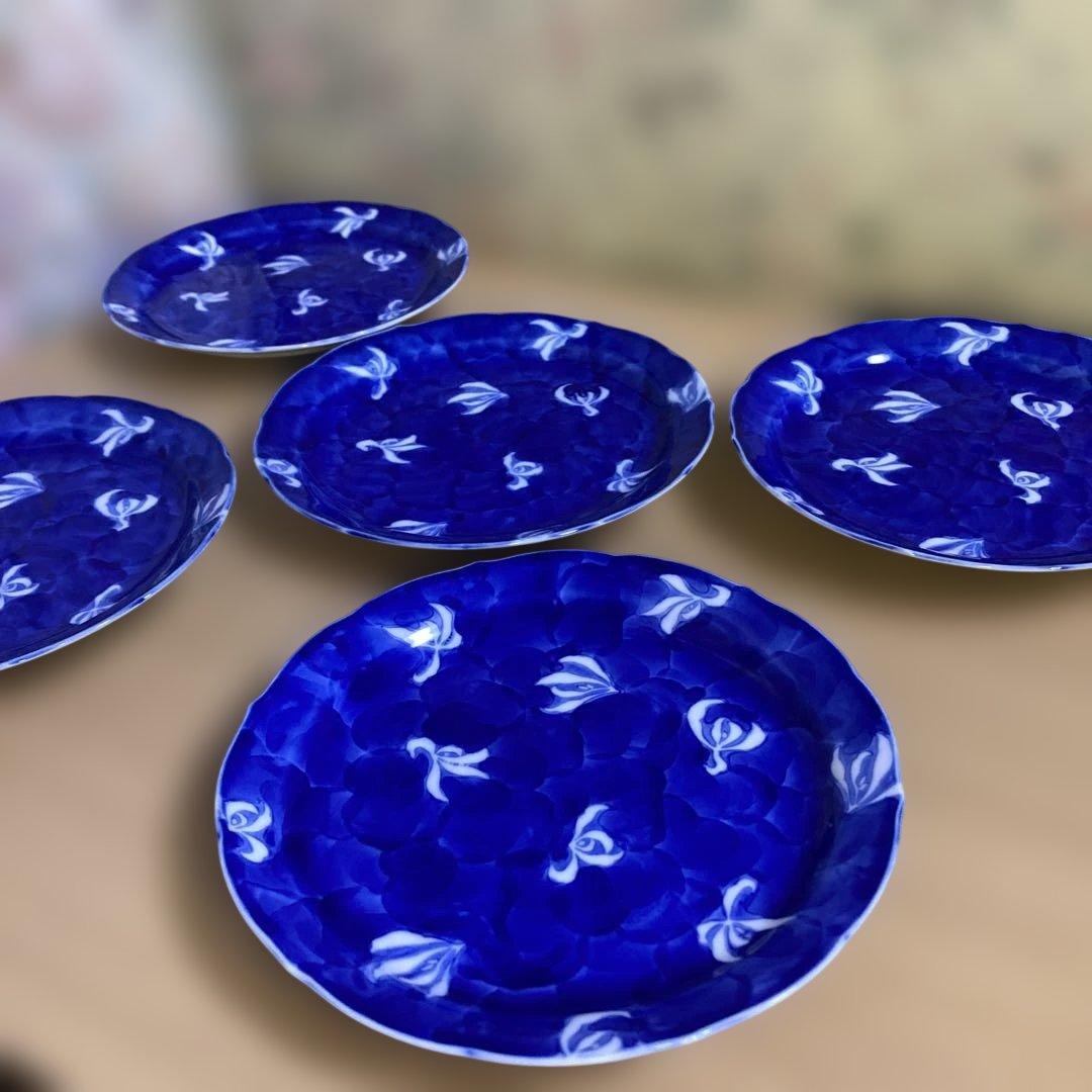 深川製磁　蘭外濃　銘々皿　和皿　取り皿　輪花　青　花　プレート