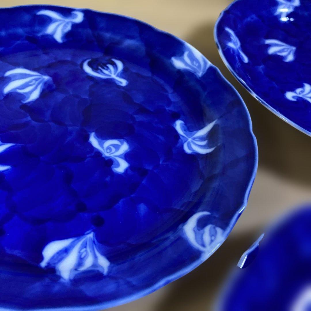 深川製磁　蘭外濃　銘々皿　和皿　取り皿　輪花　青　花　プレート