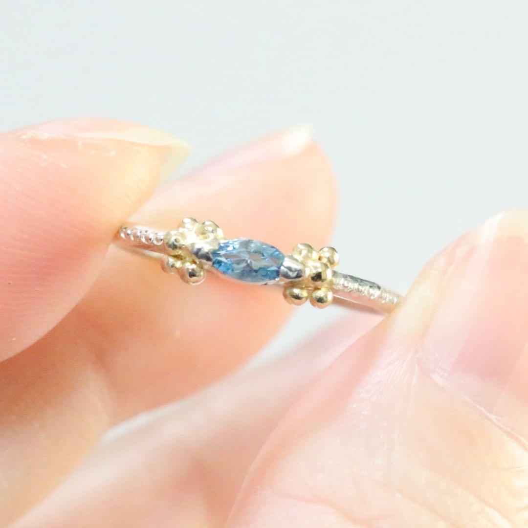 マーキスカットのサンタマリアアクアマリンK10粒々ミル打ちシルバーリング9号