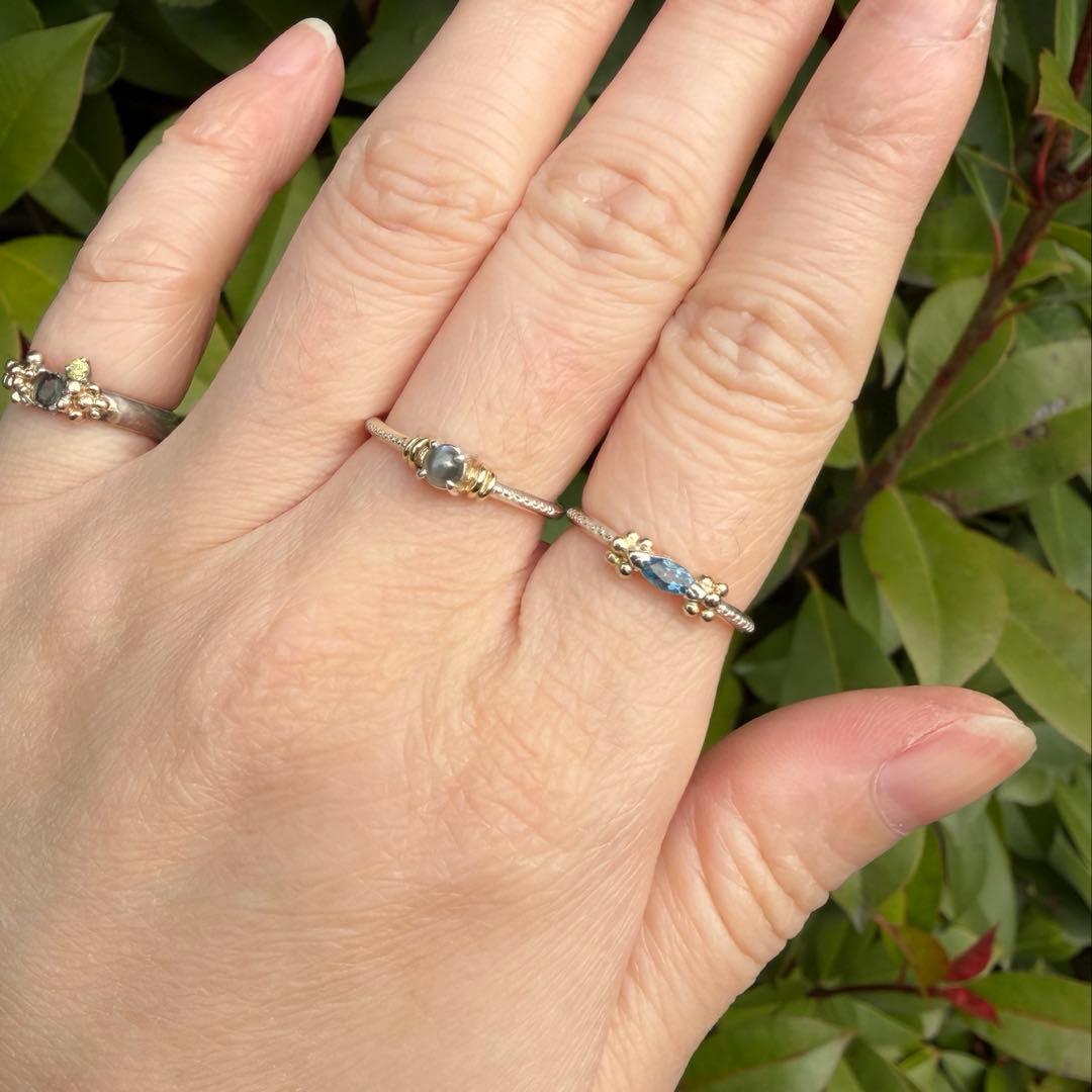 マーキスカットのサンタマリアアクアマリンK10粒々ミル打ちシルバーリング9号