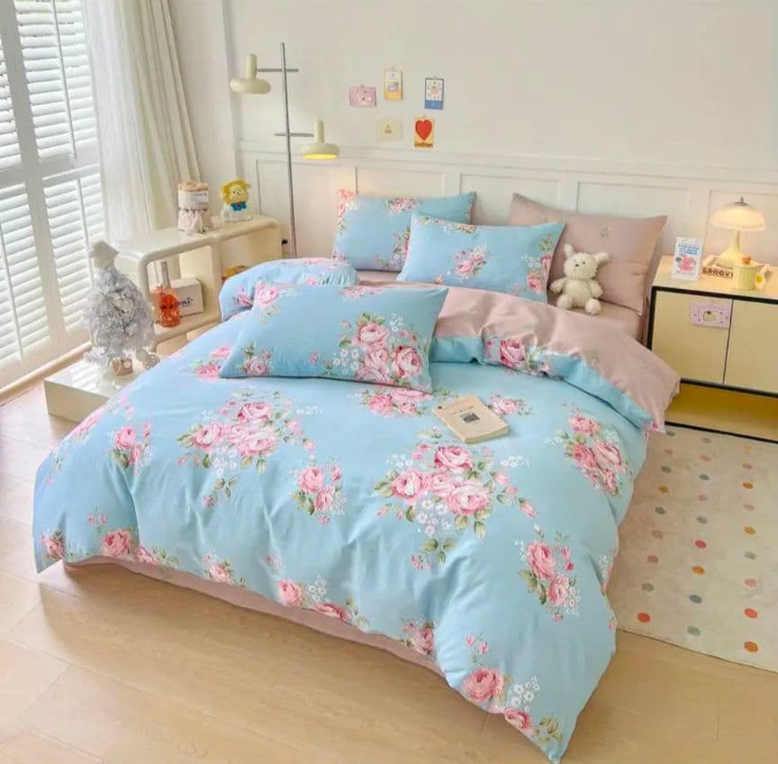 新品★ブルーにピンクの薔薇ブーケ綿100%シングル掛け布団カバー1枚枕カバー2枚