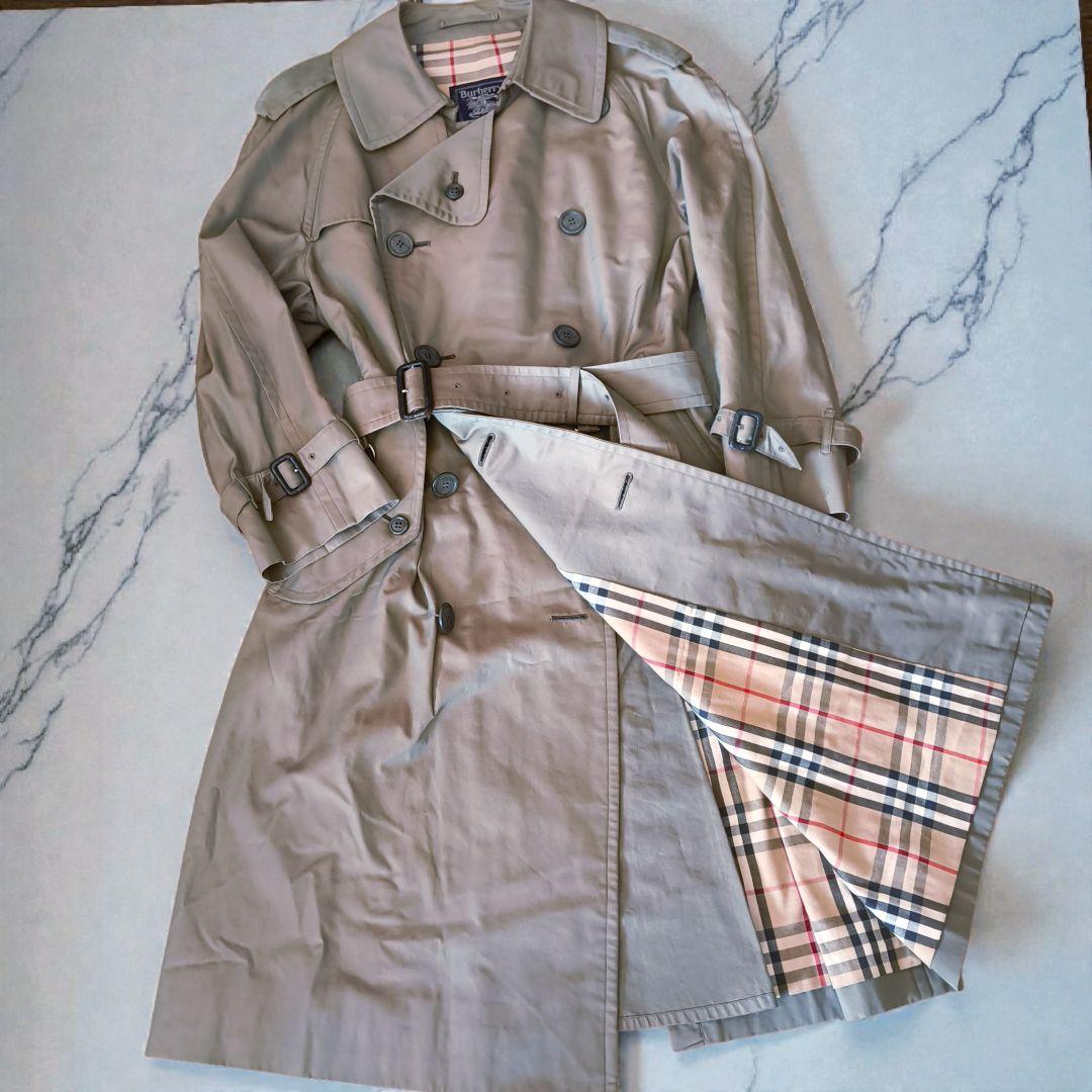 70年代バーバリー　トレンチコート　ダブル　玉虫色　ノバチェック　ベルト　S相当