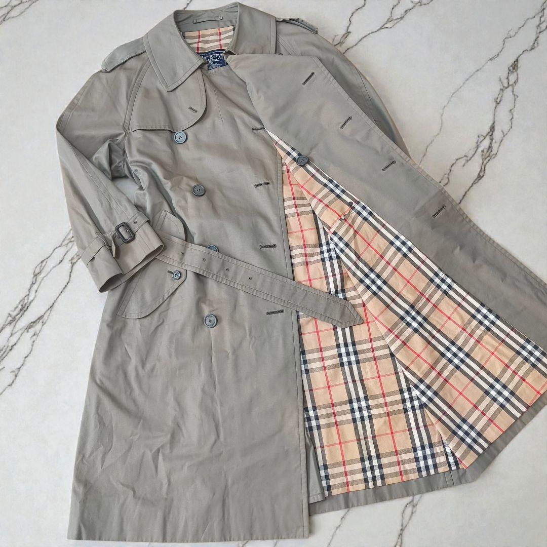 70年代バーバリー　トレンチコート　ダブル　玉虫色　ノバチェック　ベルト　S相当