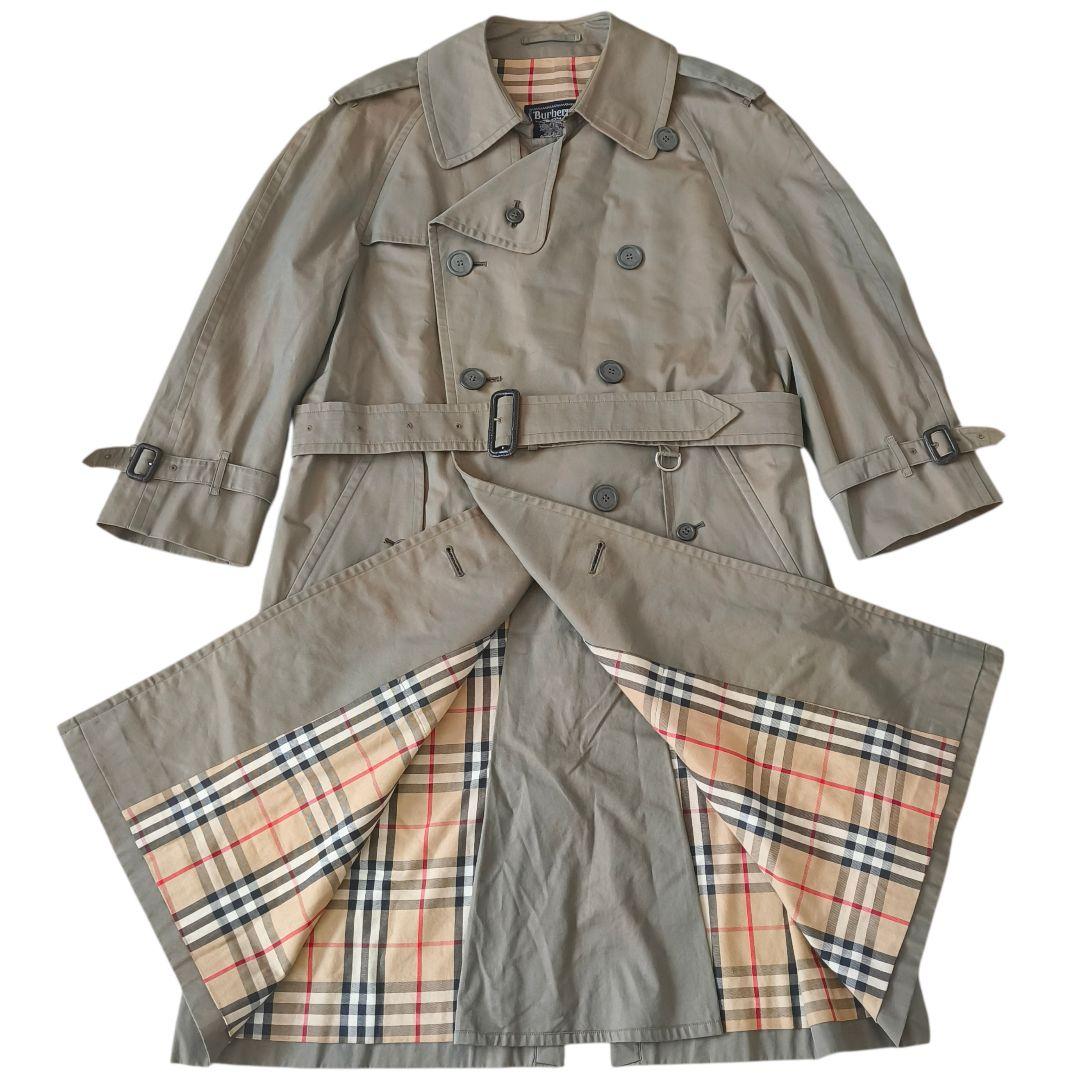 70年代バーバリー　トレンチコート　ダブル　玉虫色　ノバチェック　ベルト　S相当