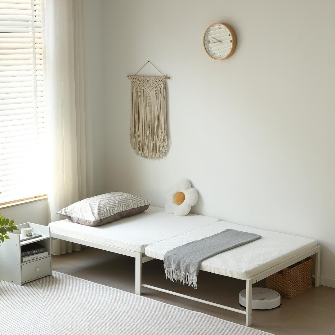 【ホワイト】伸長式ベッド シングル パイプベッド 伸縮 下収納 パイプベッド