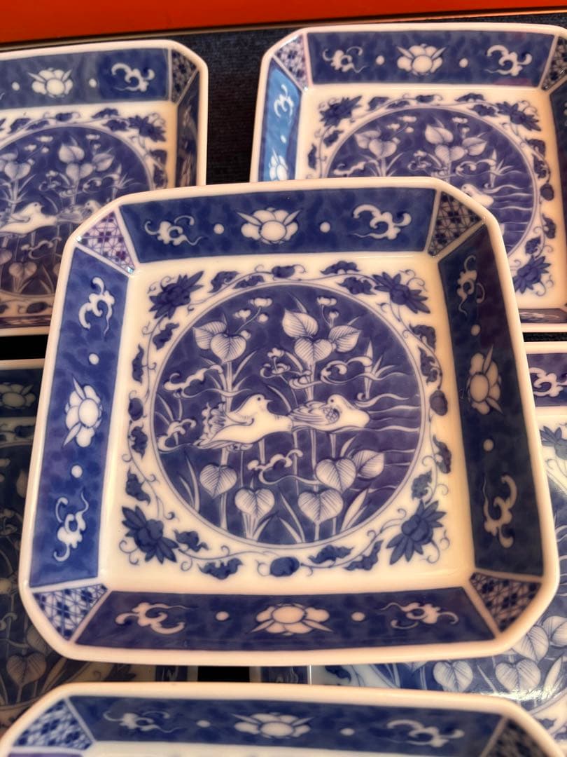 978 深川製磁　時代物　角皿セット 染付オシドリ  13客　古美術品　未使用