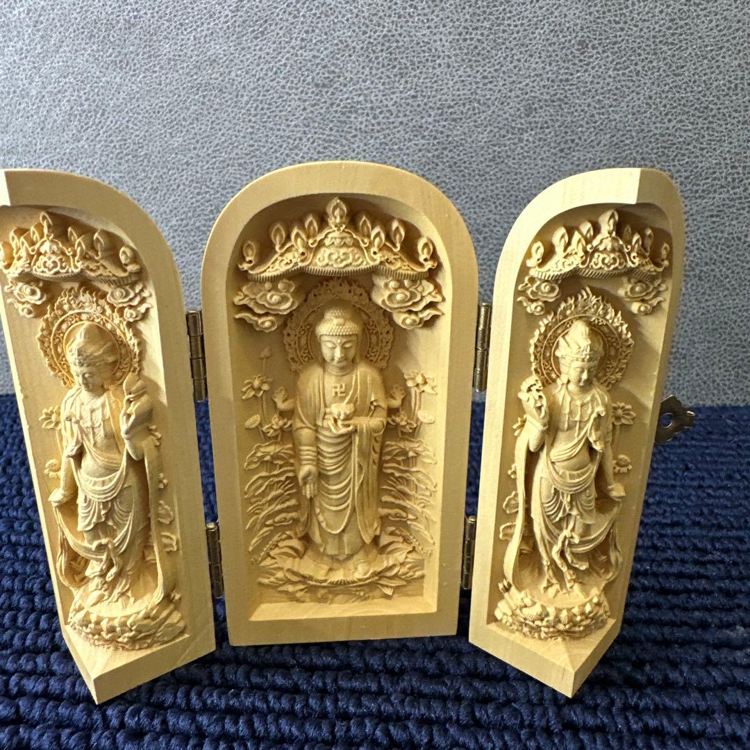 開運 阿弥陀三尊 三開仏 天然木