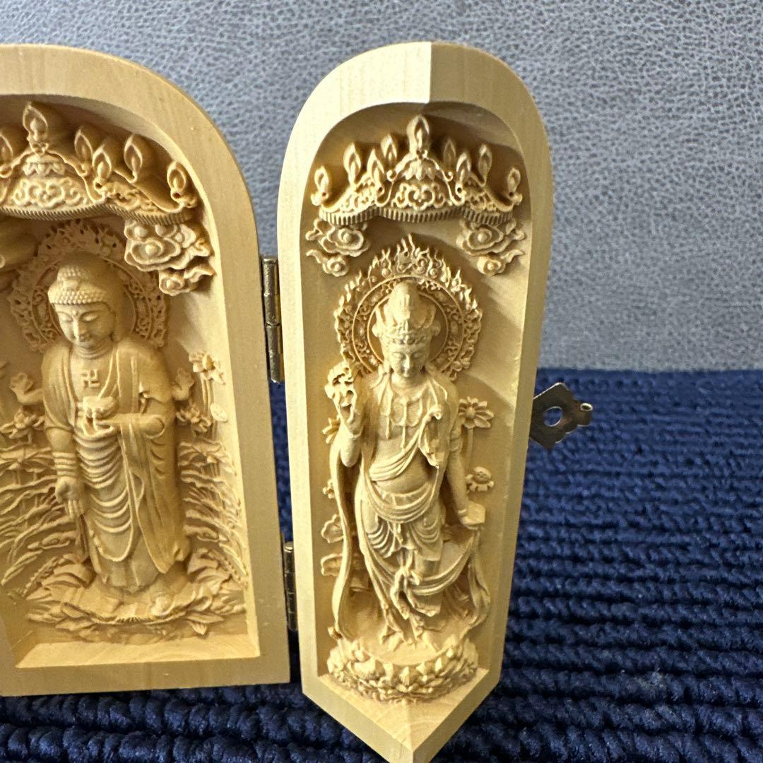開運 阿弥陀三尊 三開仏 天然木