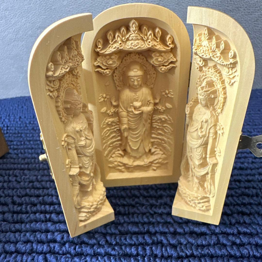 開運 阿弥陀三尊 三開仏 天然木