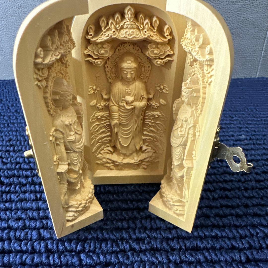 開運 阿弥陀三尊 三開仏 天然木