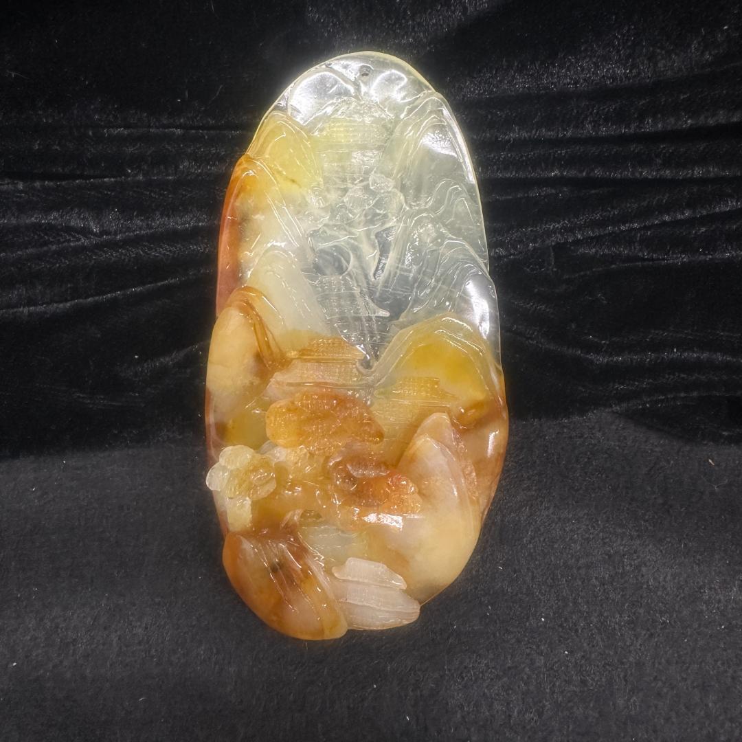 翡翠　和田玉 山水図案　細密彫　置物　　中国骨董