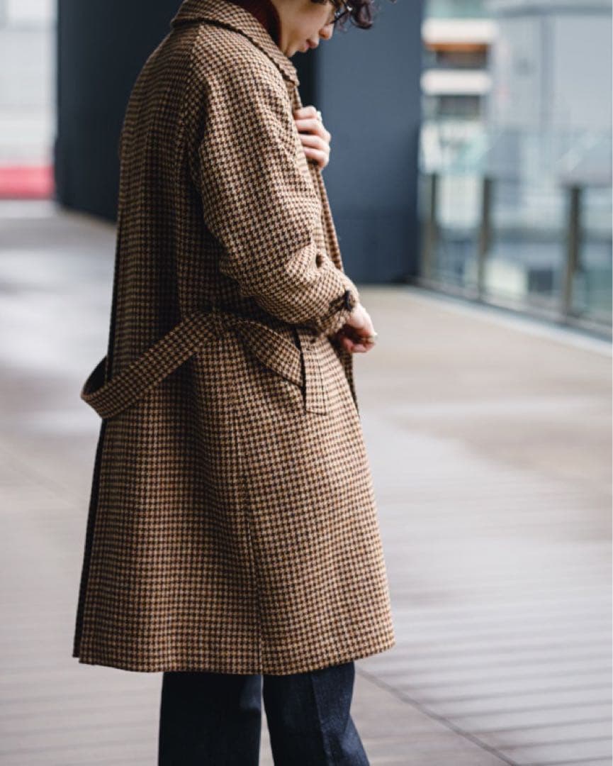 BEAMS F HARRIS TWEEDハウンドトゥース ラグランスリーブコート