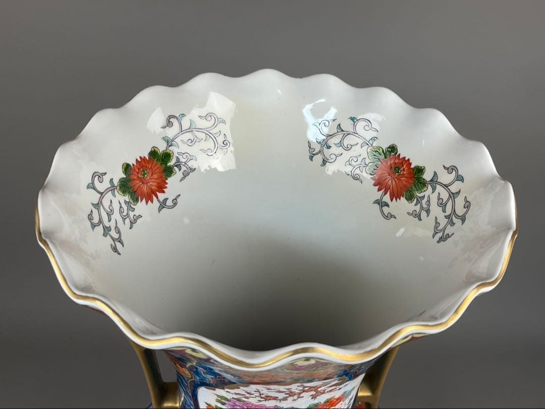 有田焼銘工 藤井勝雲 極上 染錦 花鳥図花瓶 金箔 金彩色絵 双耳 飾壷 置物