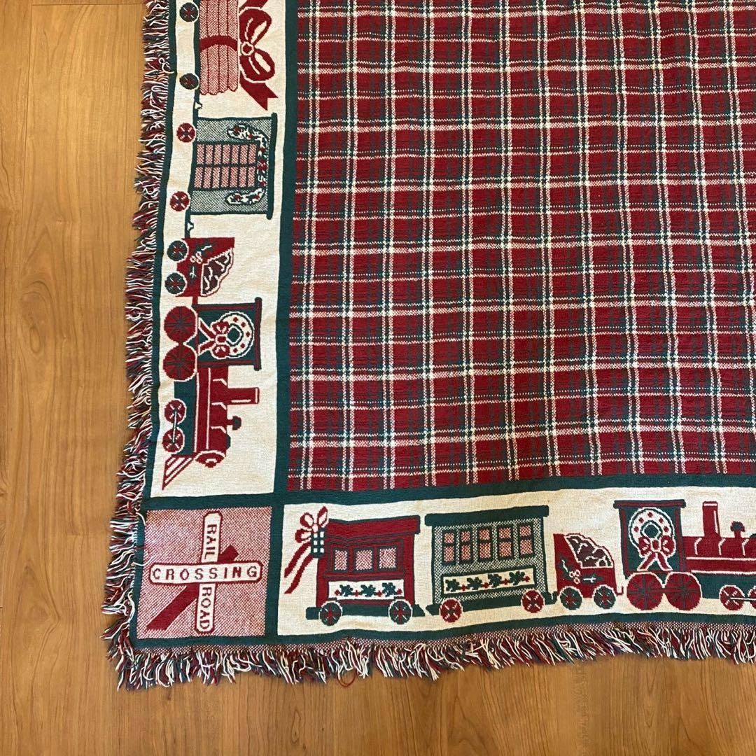 ヴィンテージ ゴブラン織り ラグ トレイン柄 両面配色 160×114 チェック
