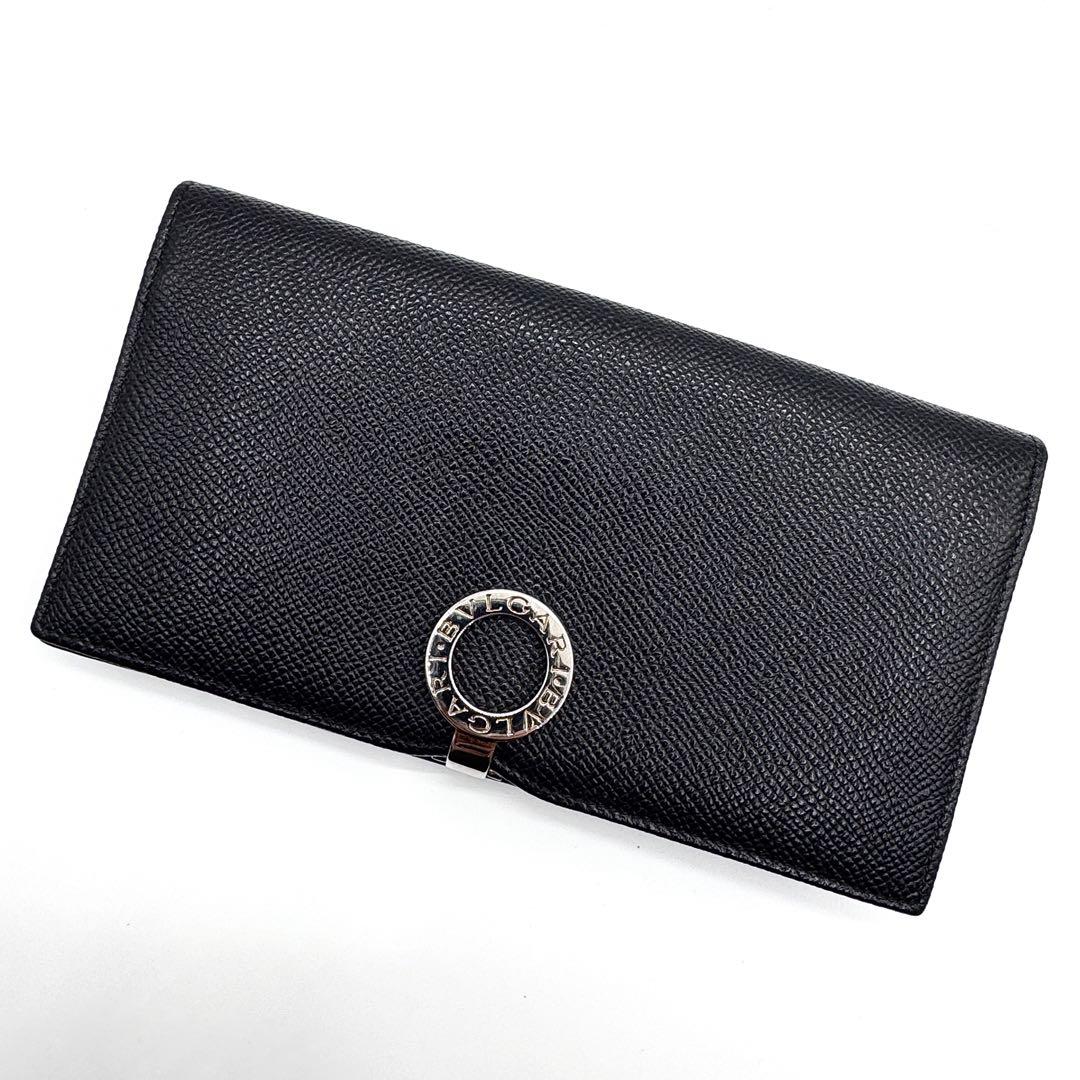 良品✨ブルガリ　長財布　二つ折り　ロゴクリップ　サークル金具　レザー　黒