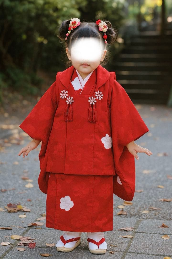 七五三　着物セット　被布　3歳　赤色　白色　正絹　綸子