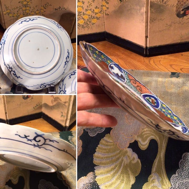 A374 古伊万里　染錦手　区割窓絵　山水に花　輪花形　7寸皿　5枚