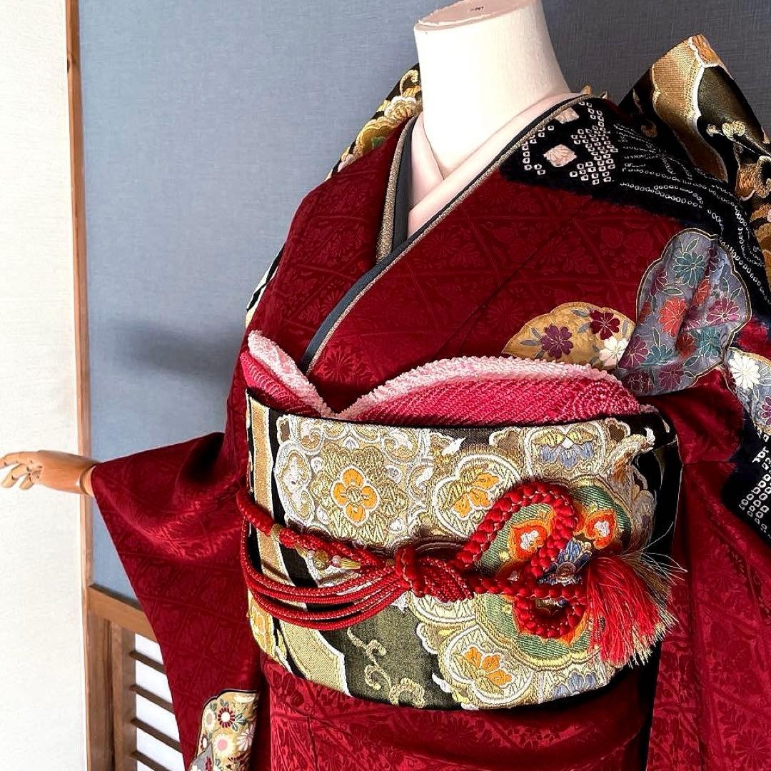 振袖フルセット　高身長　➕サイズ　絞り　手刺繍　成人式振袖　振袖　裄丈70 赤