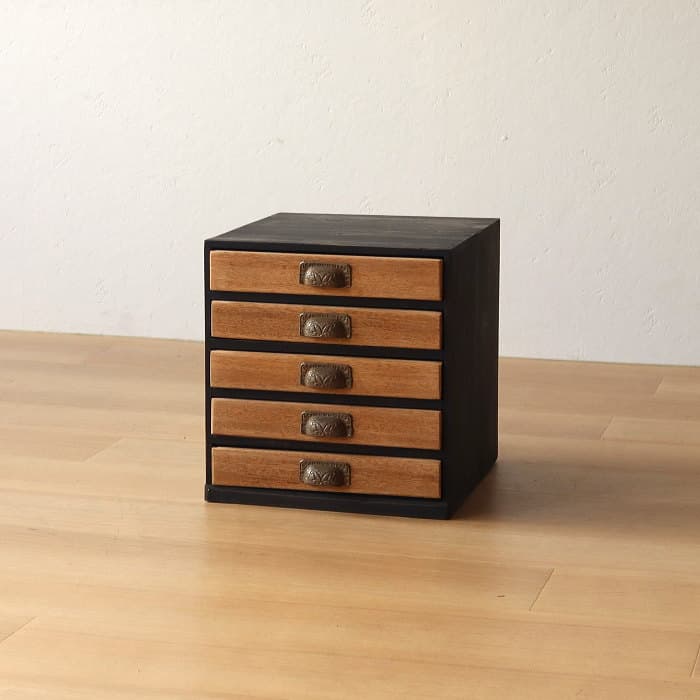 アンティーク 整理箱 タンス 古家具 引き出し5杯 ブラック 無垢材