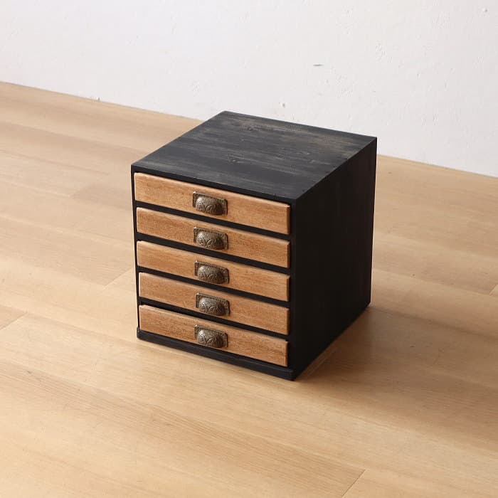 アンティーク 整理箱 タンス 古家具 引き出し5杯 ブラック 無垢材