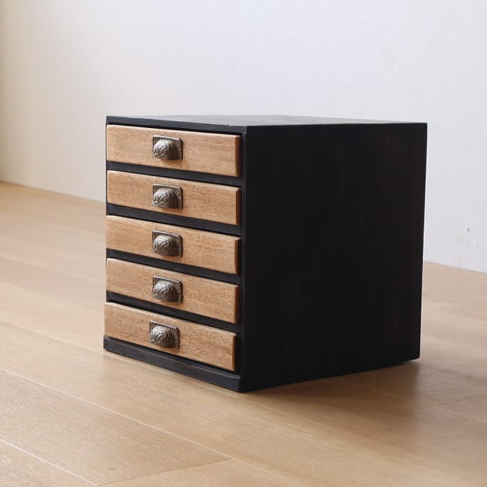 アンティーク 整理箱 タンス 古家具 引き出し5杯 ブラック 無垢材