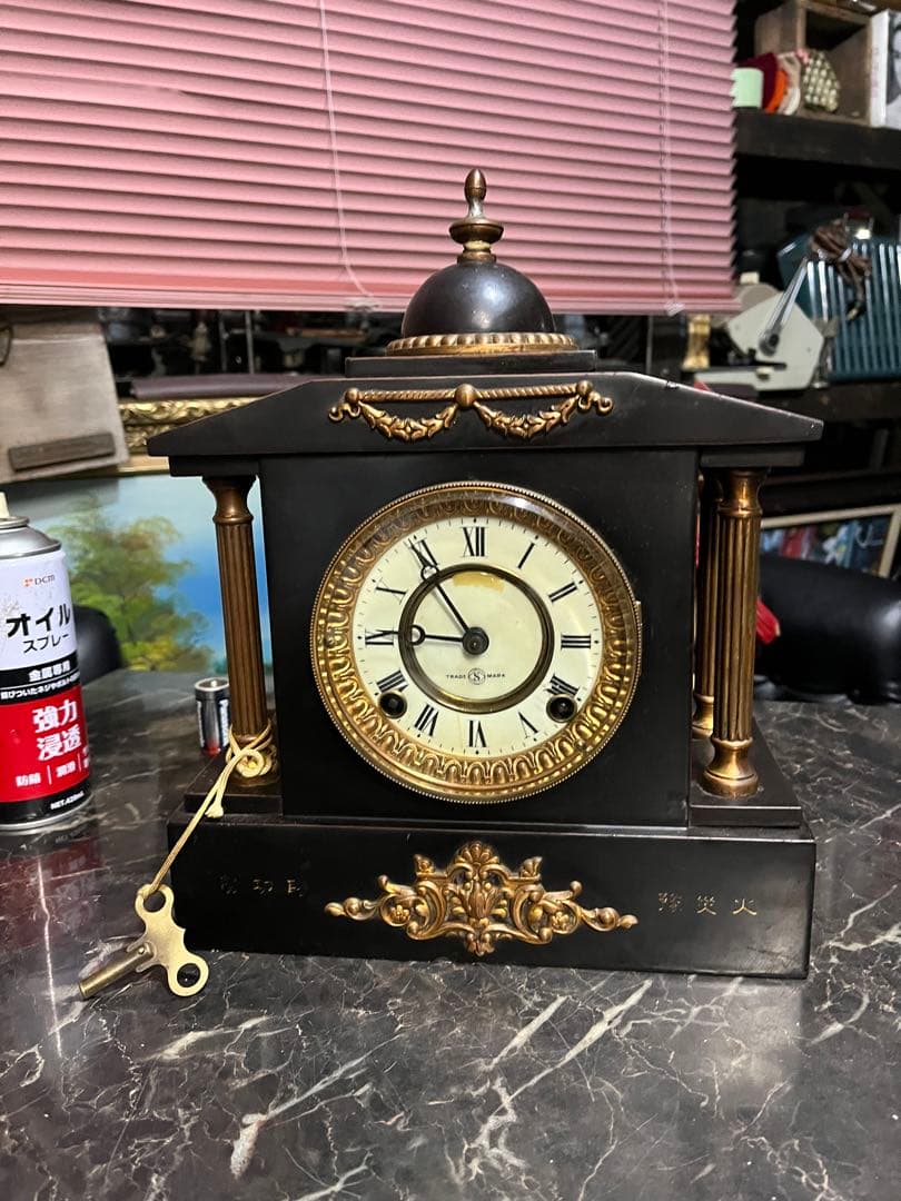 アンティーク置き時計、精工舎鉄製置き時計、14K使用、ゼンマイ置き時計、置時計