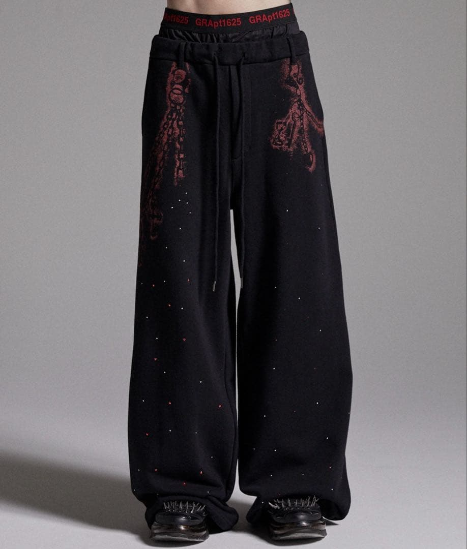grancy ラインストーンデザインレイヤードスウェットパンツ　ブラック
