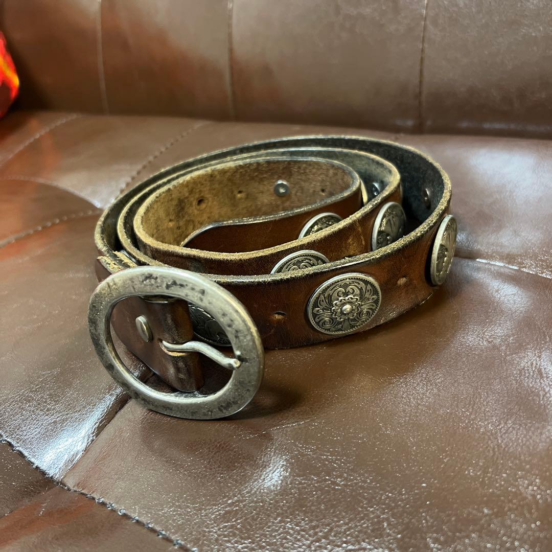 コンチョベルト レザーベルト ブラウンレザー バイカー ハーレーダビッドソン