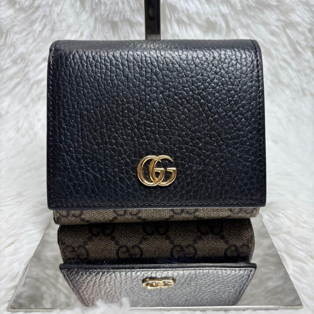 ✨美品✨ グッチ GGスプリーム マーモント 折り財布 L字 PVC レザー 黒