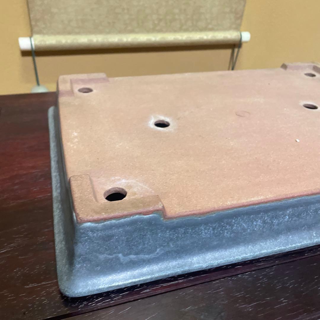 【落款あり】中国宜興 長方外縁浅 釉薬オリベ 盆栽鉢 寄せ植え