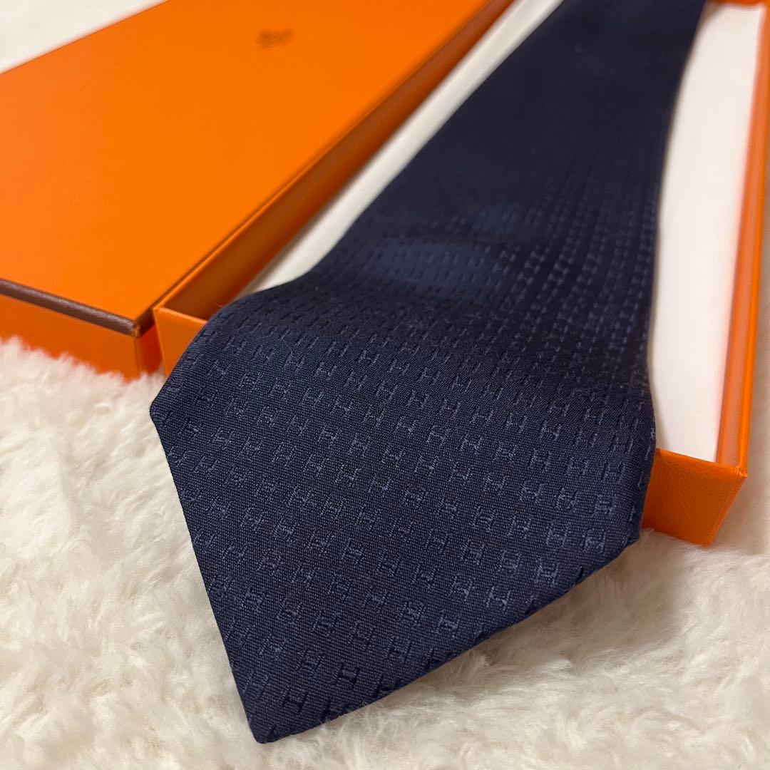 極美品！ エルメス ネクタイ H柄 ファソネ ネイビー