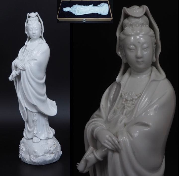 送料無料70年代『福建省徳化磁厂』製白磁魚藍観音共箱高さ33.8ｃｍ★訳あり★