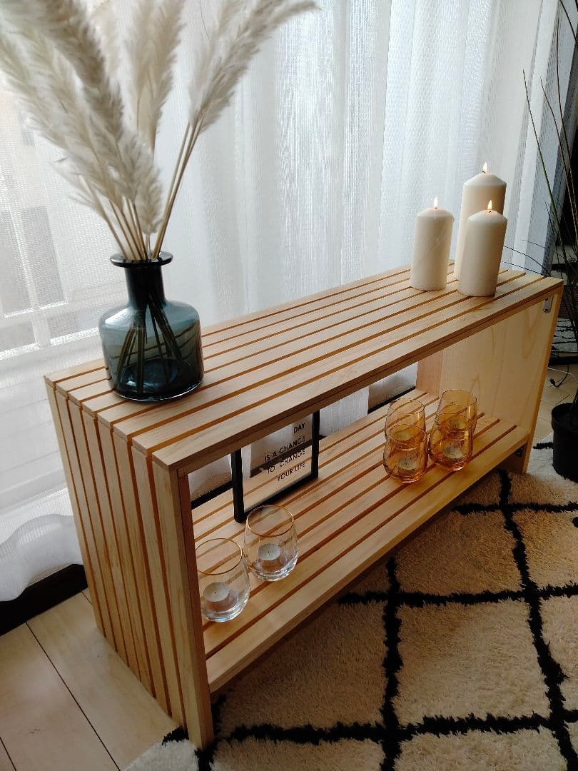 杉ルーバーの木箱　テーブル　収納棚　飾棚　サイドテーブル　テレビボード