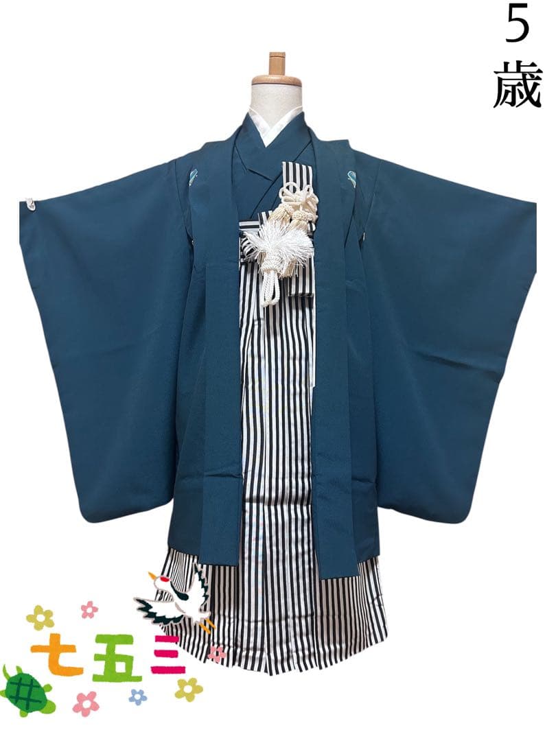 5歳フルセット♡七五三　男の子　一式　縦縞袴　深緑　黒