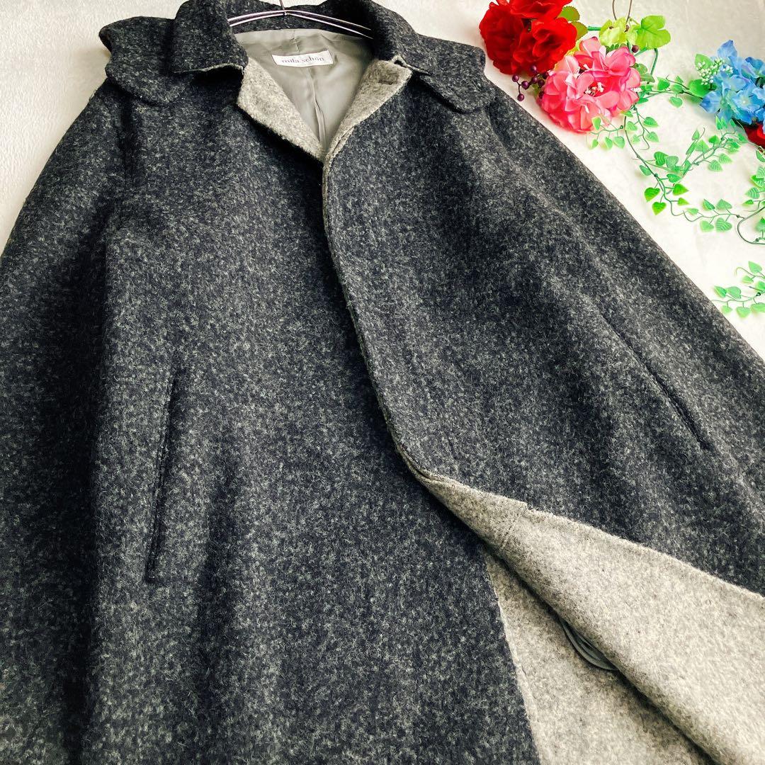 大きいサイズ/ミラショーン★アルパカ ダブルフェイスコート バイカラー フード付