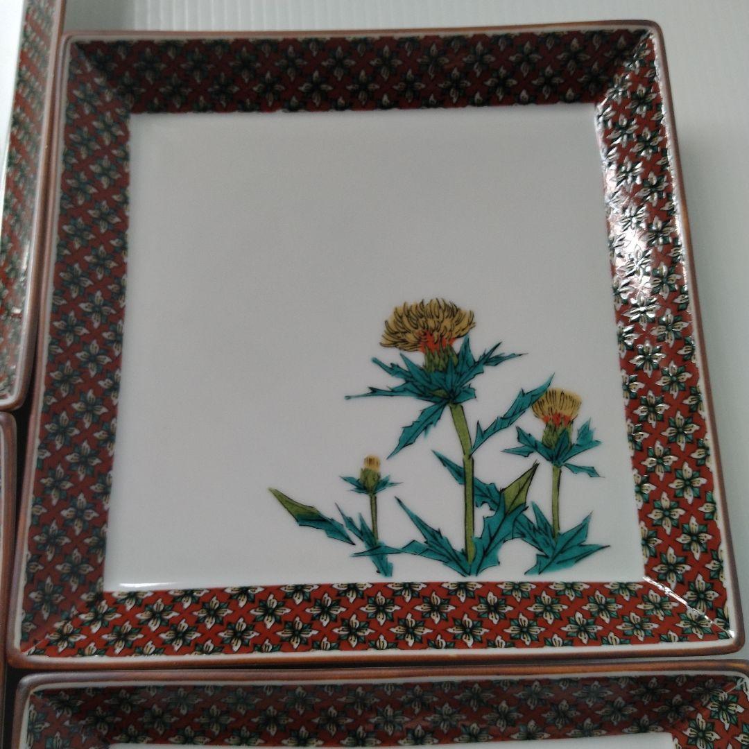 古九谷 九谷焼 九谷秋月 秋月 草花 絵替わり 角皿 正方皿 大皿 5客揃