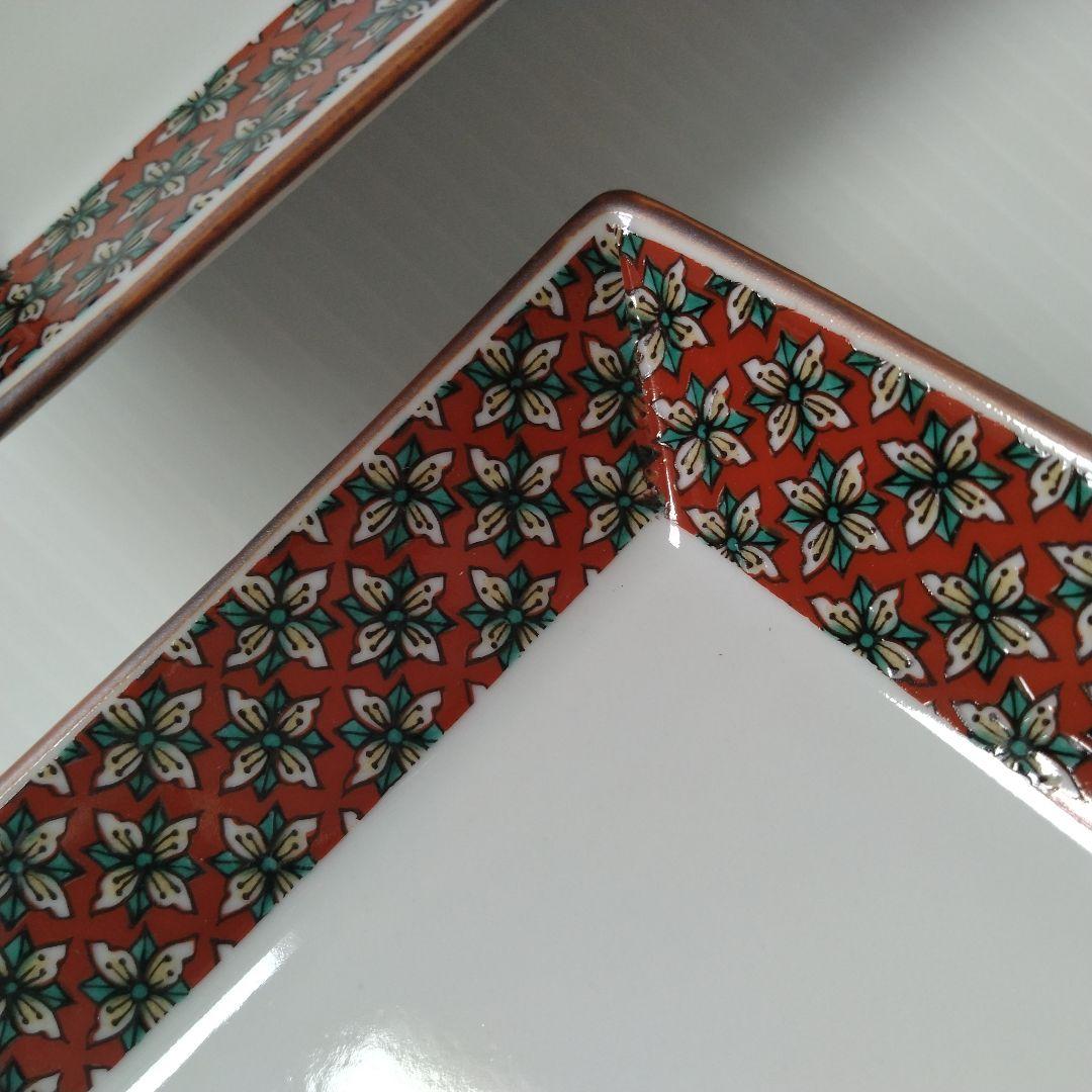 古九谷 九谷焼 九谷秋月 秋月 草花 絵替わり 角皿 正方皿 大皿 5客揃