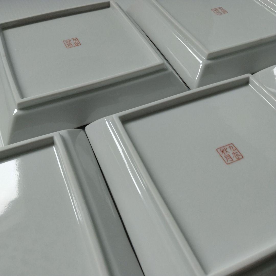 古九谷 九谷焼 九谷秋月 秋月 草花 絵替わり 角皿 正方皿 大皿 5客揃