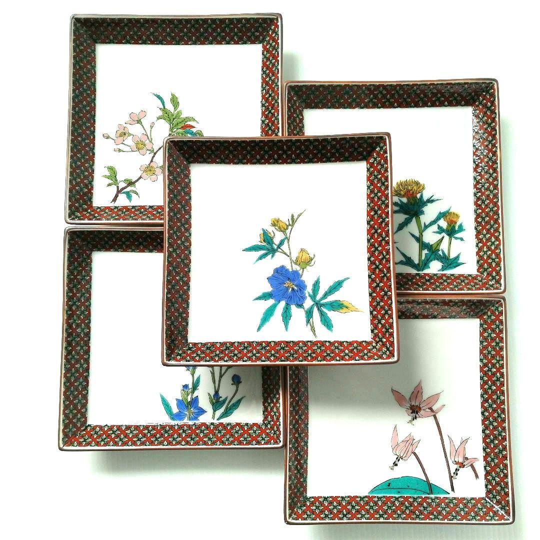 古九谷 九谷焼 九谷秋月 秋月 草花 絵替わり 角皿 正方皿 大皿 5客揃