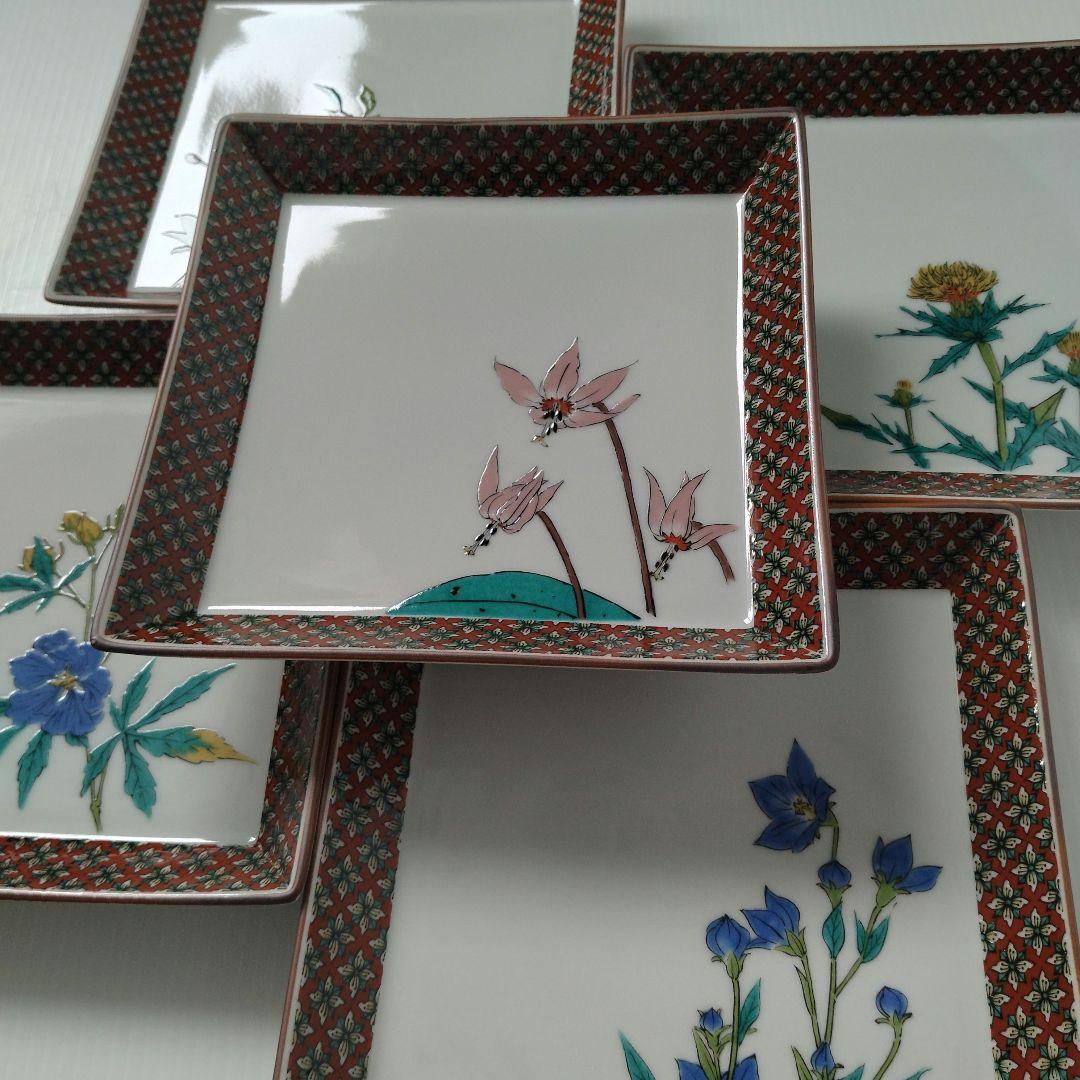 古九谷 九谷焼 九谷秋月 秋月 草花 絵替わり 角皿 正方皿 大皿 5客揃