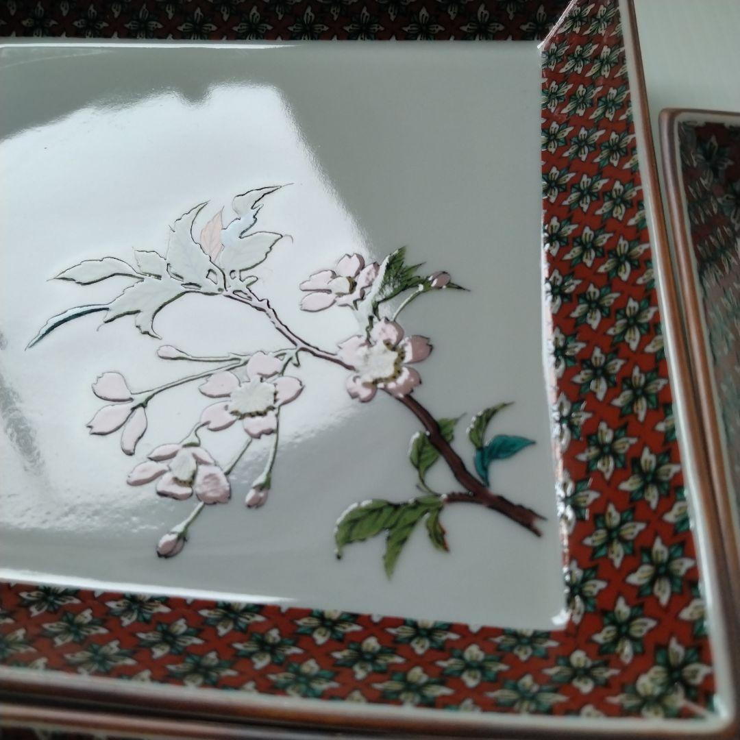 古九谷 九谷焼 九谷秋月 秋月 草花 絵替わり 角皿 正方皿 大皿 5客揃