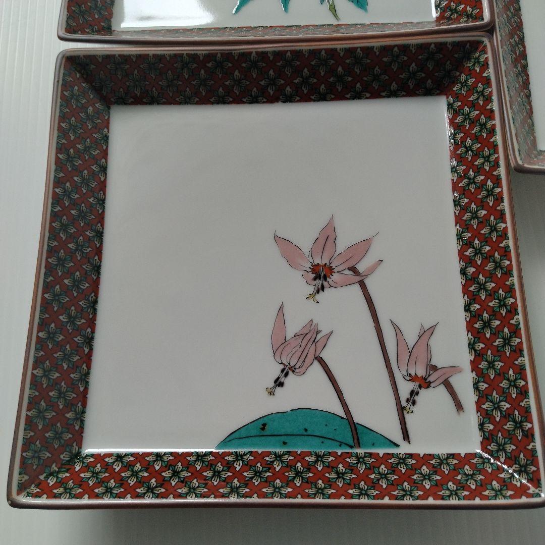 古九谷 九谷焼 九谷秋月 秋月 草花 絵替わり 角皿 正方皿 大皿 5客揃