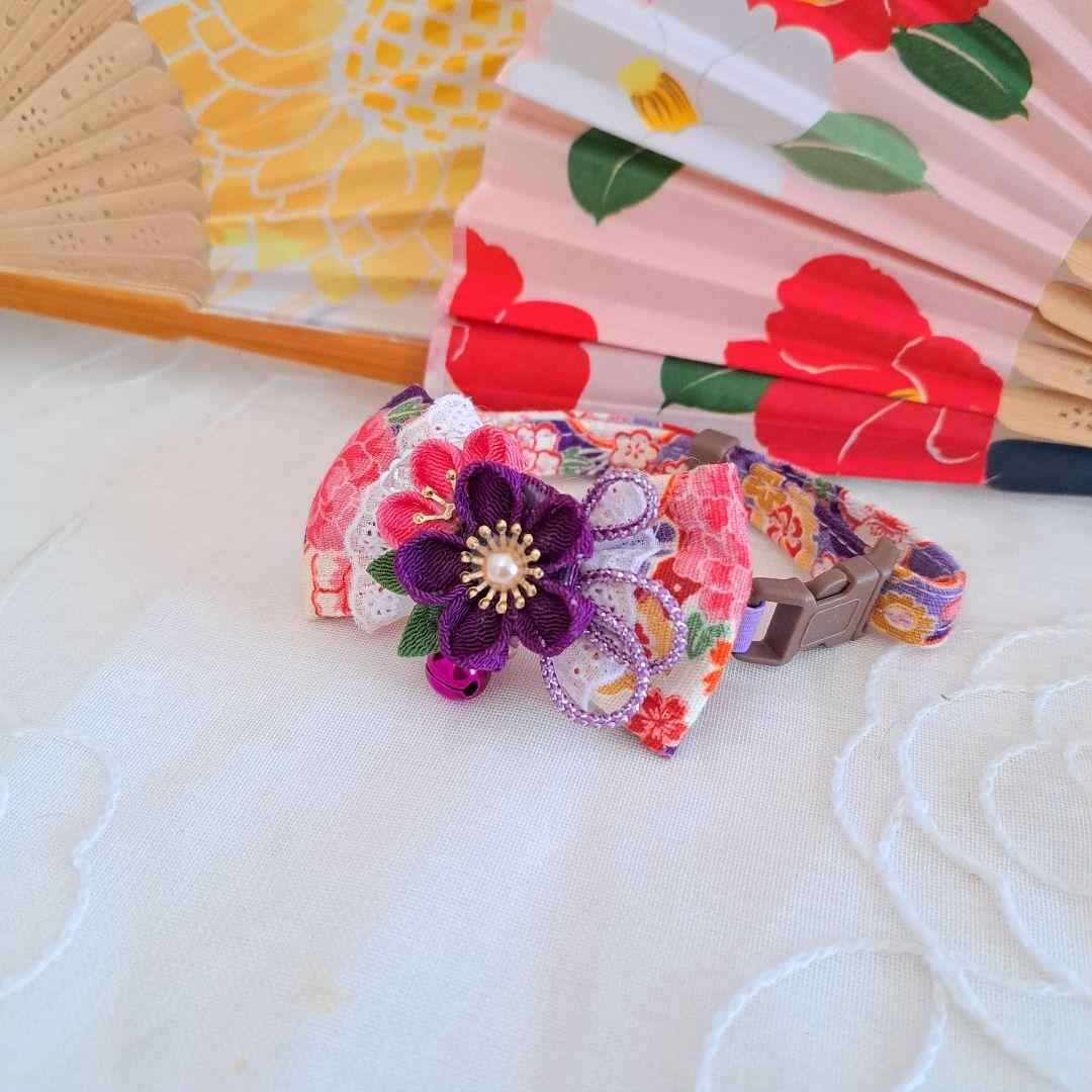 シングルリボン、和風つまみ細工(紫×ピンク)わんちゃん猫ちゃん用首輪