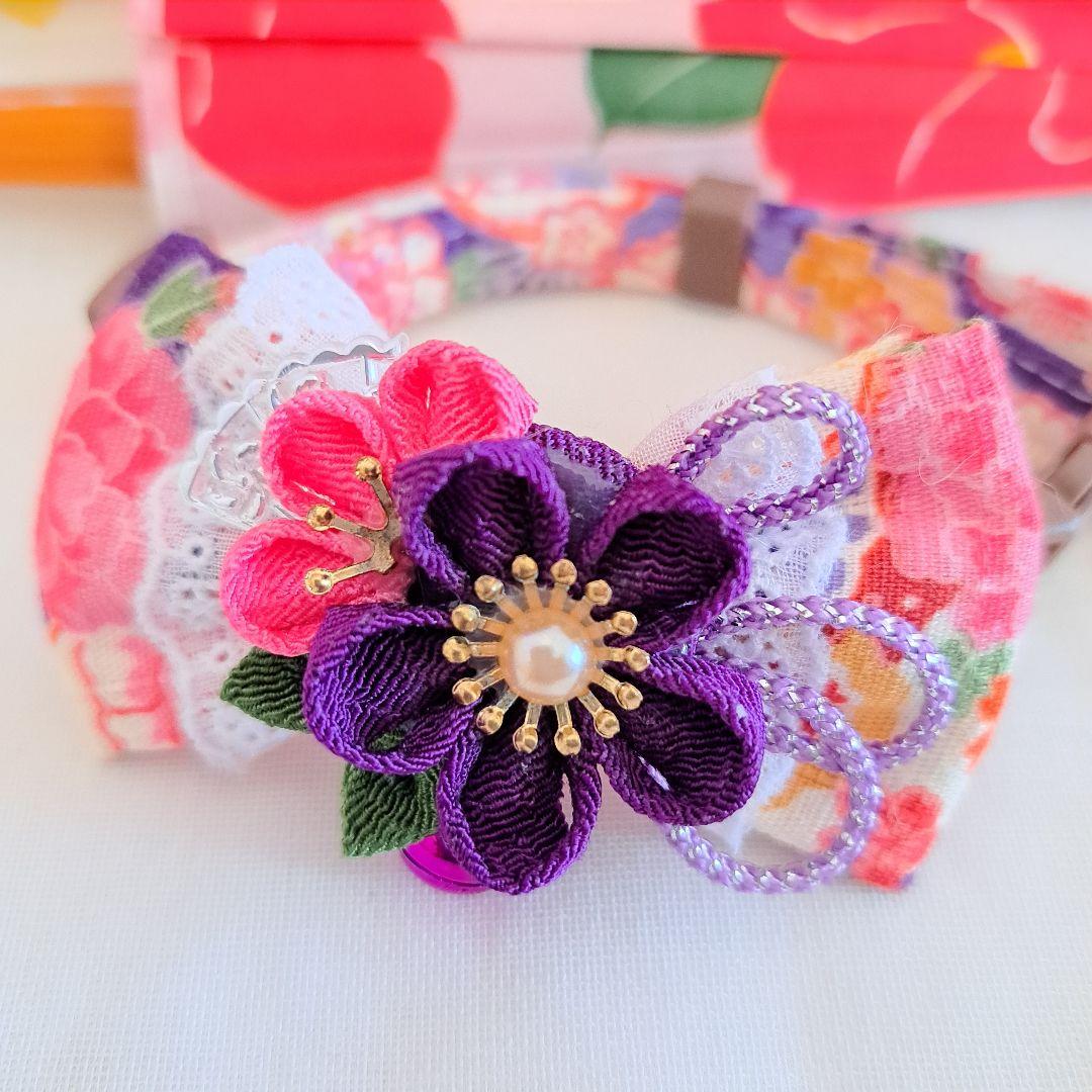 シングルリボン、和風つまみ細工(紫×ピンク)わんちゃん猫ちゃん用首輪