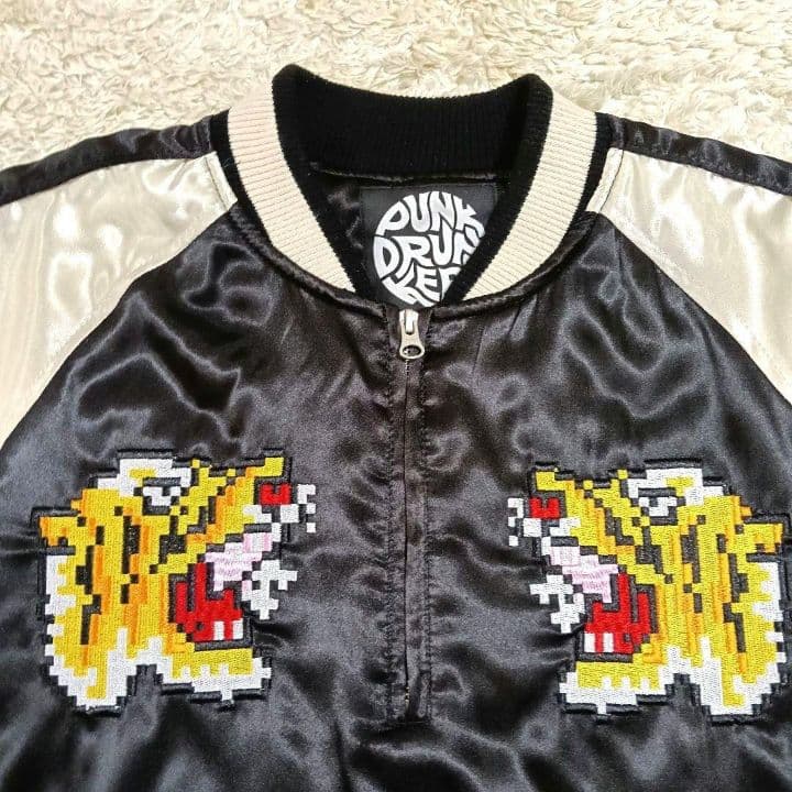 レア パンクドランカーズ スカジャン L 虎 富士山 刺繍 モザイク 黒